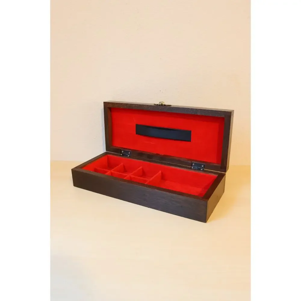Vintage Nautical Wood Valet Jewelry Box Brass Ship Wheel Inlay Red Felt Lining